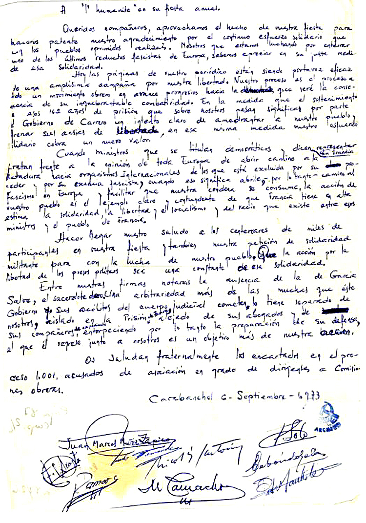 Carta de los procesados del 1001 al periódico “L’Humanité” en su fiesta. Prisión de Carabanchel, septiembre 1973.
